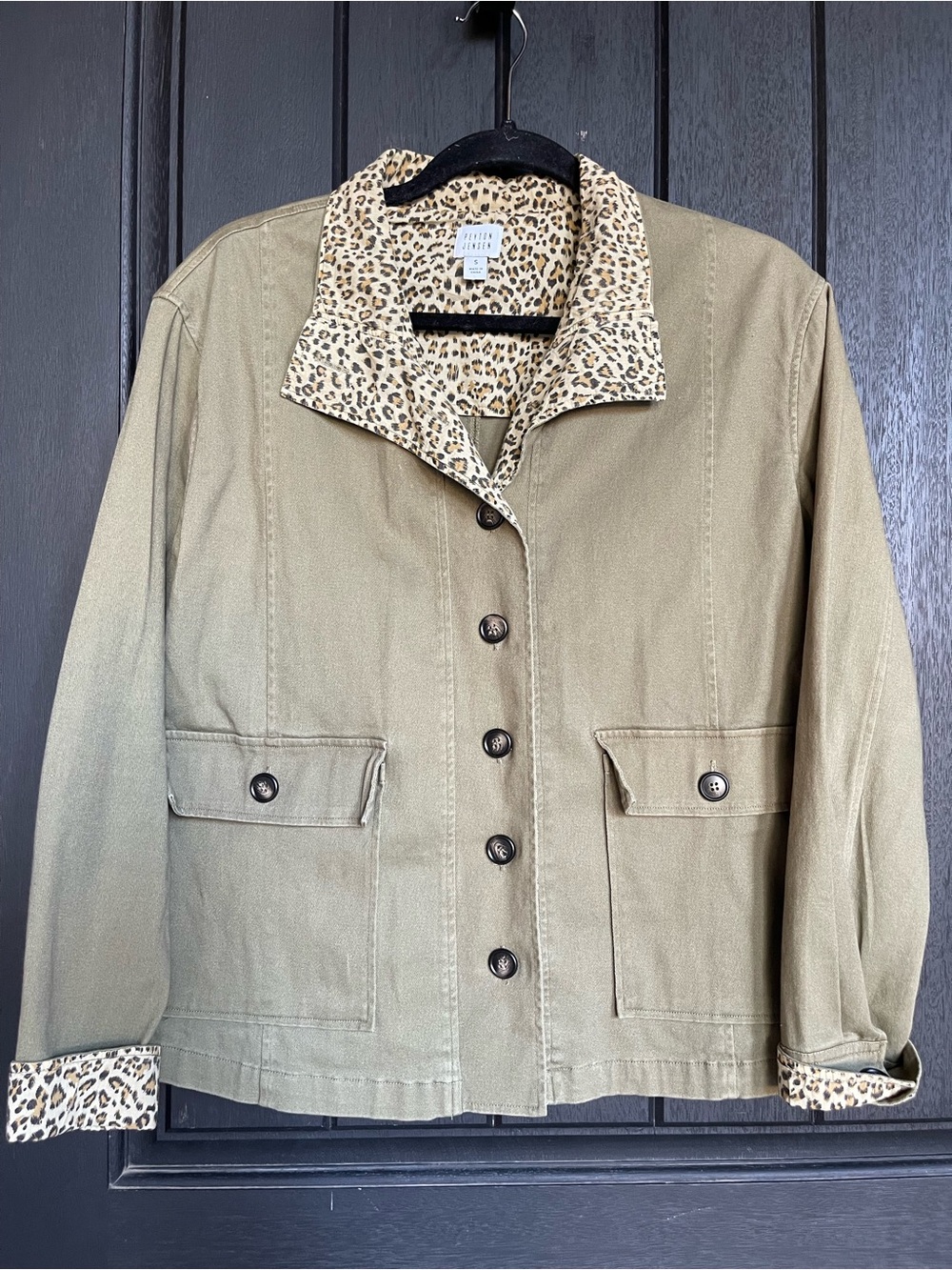 Peyton Jensen Evereve Olive Utility Jacket Leopard Trim Small